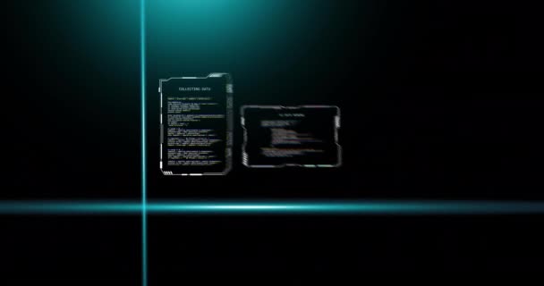 蓝色扫描仪在黑暗背景下处理文本数据文件时的动画效果 数字接口和通信 数字视频 — 图库视频影像