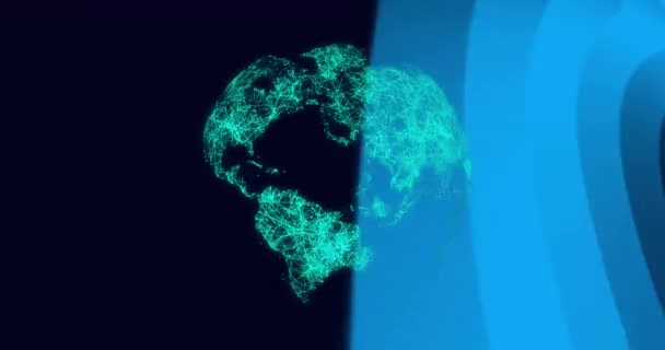 Анімація Глобальної Мережі Язків Обертаються Навколо Синіх Кривих Чорному Тлі — стокове відео