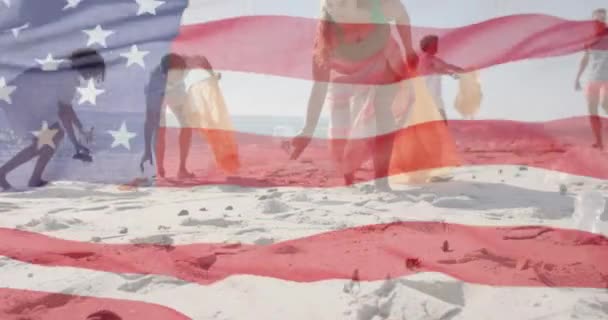 Animáció Zászló Usa Felett Boldog Változatos Barátok Újrahasznosítás Strandon Nyáron — Stock videók