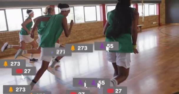 Animatie Van Pictogrammen Gegevensverwerking Diverse Vrouwelijke Basketbalspelers Mondiale Sport Sociale — Stockvideo