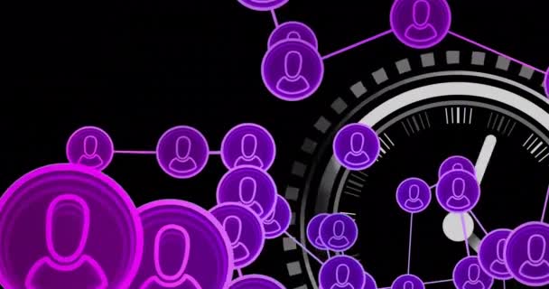 Анімація Фіолетової Мережі Значків Людей Над Сканером Годинниковими Руками Чорному — стокове відео