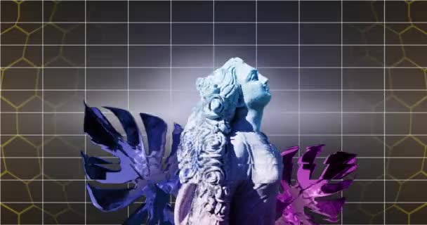 Animation Classical Statue Leaves Glitching Grid Lines Black Background Connection — Stock Video