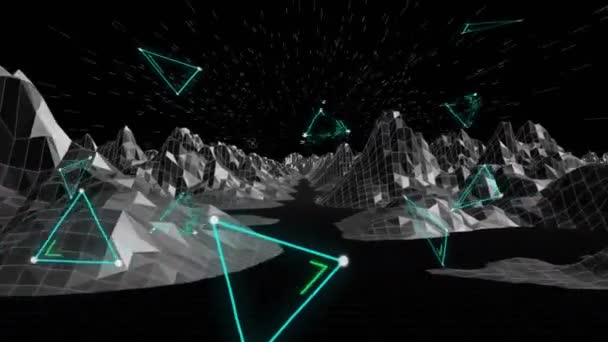 Animaatio Kolmiot Yli Digitaalisten Vuorten Mustalla Pohjalla Muodot Kuvio Metaverse — kuvapankkivideo