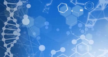 DNA ipliği üzerinde bilimsel veri işleme animasyonu. Küresel bilim, bağlantılar, hesaplama ve veri işleme kavramı dijital olarak oluşturulmuş video.