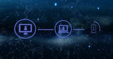 Karanlık arkaplan üzerinde dijital simgelerle bağlantı ağının animasyonu. Dijital olarak oluşturulmuş küresel bağlantılar, hesaplama ve veri işleme kavramı.