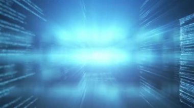 Mavi arkaplanda dijital veri işleme animasyonu. Dijital olarak oluşturulmuş küresel bağlantılar, hesaplama ve veri işleme kavramı.