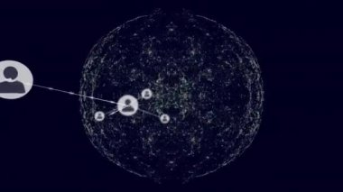 Siyah arkaplan üzerinde insan simgeleriyle bağlantı ağının animasyonu. Dijital olarak oluşturulmuş küresel bağlantılar, hesaplama ve veri işleme kavramı.