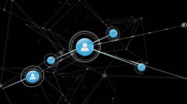 Siyah arkaplan üzerinde insan simgeleriyle bağlantı ağının animasyonu. Dijital olarak oluşturulmuş küresel bağlantılar, hesaplama ve veri işleme kavramı.