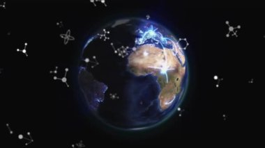 Dünya üzerindeki moleküllerle bağlantı ağının animasyonu. Dijital olarak oluşturulmuş küresel bağlantılar, hesaplama ve veri işleme kavramı.