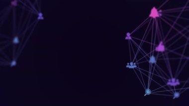 Simgelerle bağlantılı dünya ağı animasyonu. Dijital olarak oluşturulmuş küresel bağlantılar, hesaplama ve veri işleme kavramı.