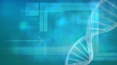 DNA ipliği üzerinde bilimsel veri işleme animasyonu. Küresel bilim, bağlantılar, hesaplama ve veri işleme kavramı dijital olarak oluşturulmuş video.