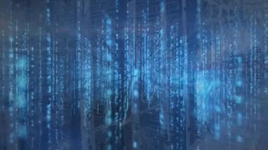 Bilgisayar sunucuları üzerinde dijital veri işleme animasyonu. Dijital olarak oluşturulmuş küresel bağlantılar, hesaplama ve veri işleme kavramı.