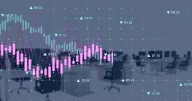 Boş ofislerdeki masalardaki bilgisayarların üzerinde grafik ve veri işleme animasyonları. Bağlantı, veri, işleme, dijital arayüz, iş ve iletişim, dijital olarak oluşturulmuş video.