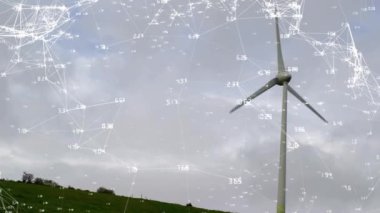 Rüzgar türbini üzerinden bağlantı ağının animasyonu. Küresel çevre, rüzgar enerjisi, bağlantılar, hesaplama ve veri işleme kavramı dijital olarak oluşturulmuş video.