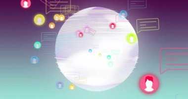 Dünya üzerindeki dijital simgelerle bağlantı ağının animasyonu. Dijital olarak oluşturulmuş küresel bağlantılar, hesaplama ve veri işleme kavramı.