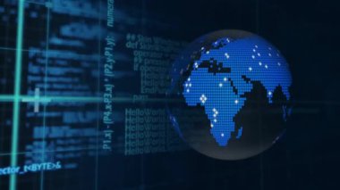 Dünya çapında bağlantı ve veri işleme ağının animasyonu. Dijital olarak oluşturulmuş küresel bağlantılar, hesaplama ve veri işleme kavramı.