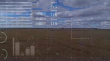 Manzara üzerinde finansal veri işleme animasyonu. Küresel finans, iş, bağlantılar, hesaplama ve veri işleme kavramı dijital olarak oluşturulmuş video.
