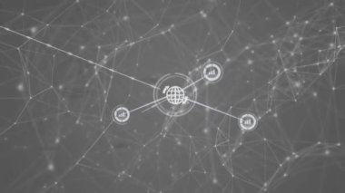 Dünya simgeleriyle bağlantı ağının animasyonu. Dijital olarak oluşturulmuş küresel bağlantılar, hesaplama ve veri işleme kavramı.