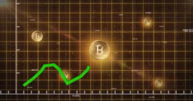 Koyu arkaplanda parlayan bitcoinlerin üzerindeki ızgaradaki yeşil grafik işleme verilerinin animasyonu. Bağlantı, finans, kripto para birimi, ağ, veri ve küresel iletişim, dijital olarak oluşturulmuş video.