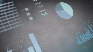 Gri arkaplanlı arayüzdeki grafik ve grafik işleme verilerinin animasyonu. Bağlantı, veri, işleme, dijital arayüz, iş ve iletişim, dijital olarak oluşturulmuş video.