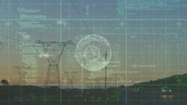 Elektrik direkleri üzerinde dünya ile veri işleme animasyonu. Küresel ekoloji, teknoloji, hesaplama ve dijital arayüz kavramı dijital olarak oluşturulmuş video.