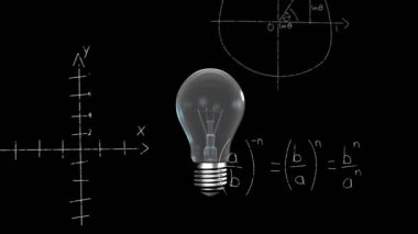 Ampul üzerinde matematiksel veri işleme animasyonu. Küresel bilim, iş, bağlantılar, hesaplama ve veri işleme kavramı dijital olarak oluşturulmuş video.