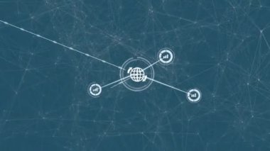 Mavi arkaplan üzerindeki dünya simgeleriyle bağlantı ağının animasyonu. Dijital olarak oluşturulmuş küresel bağlantılar, hesaplama ve veri işleme kavramı.