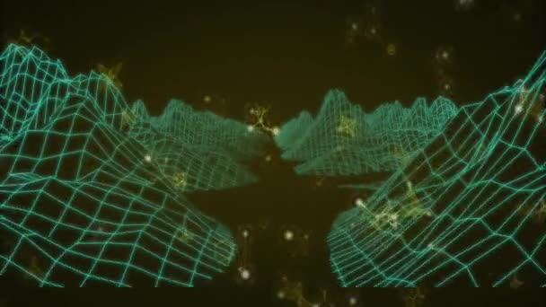 黑色背景下数字山脉上分子的动画 全球技术 元和数字接口概念 — 图库视频影像
