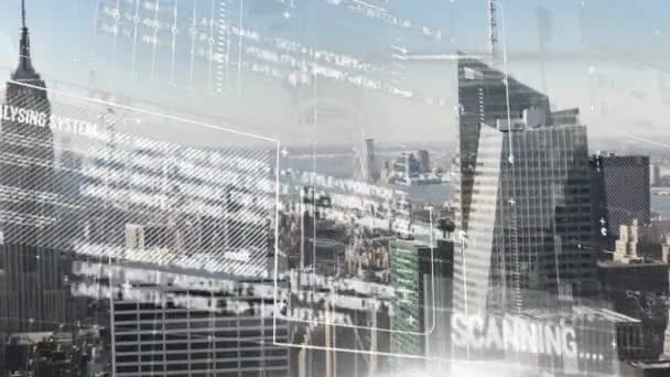 都市景観を超えた金融データ処理のアニメーション グローバルファイナンス ビジネス コネクション コンピューティング データ処理コンセプトデジタル生成ビデオ — ストック動画