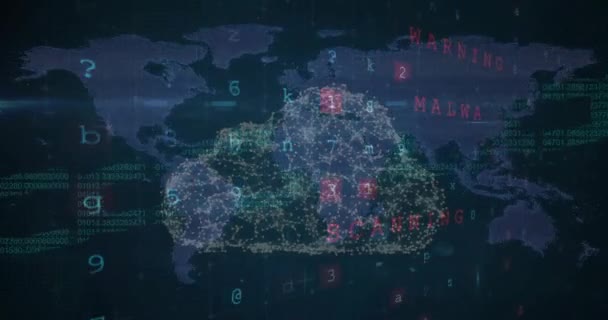 Animacja Przetwarzania Danych Ostrzeżeń Bezpieczeństwa Sieci Chmur Kłódek Mapie Świata — Wideo stockowe