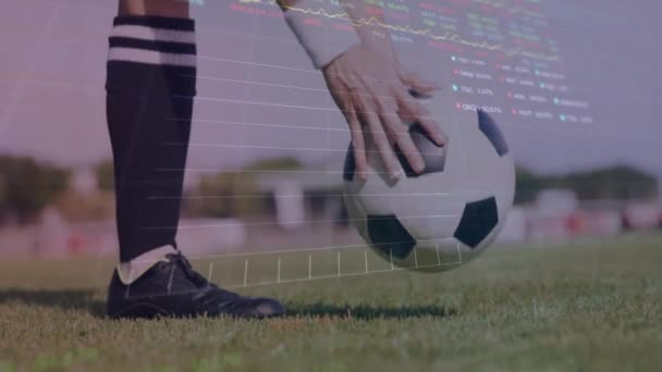 Animación Procesamiento Datos Financieros Sobre Jugador Fútbol Caucásico Con Pelota — Vídeo de stock