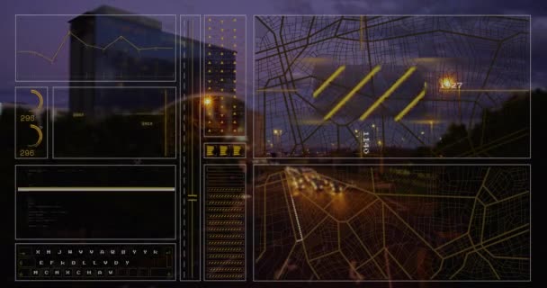 Animatie Van Digitale Gegevensverwerking Het Stadsgezicht Mondiale Verbindingen Computer Gegevensverwerkingsconcept — Stockvideo
