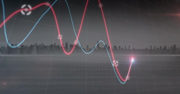 曇りの灰色の街路上のピンクと赤のグラフ処理データのアニメーション ネットワーク データ ビジネス デジタル生成されたビデオ — ストック動画