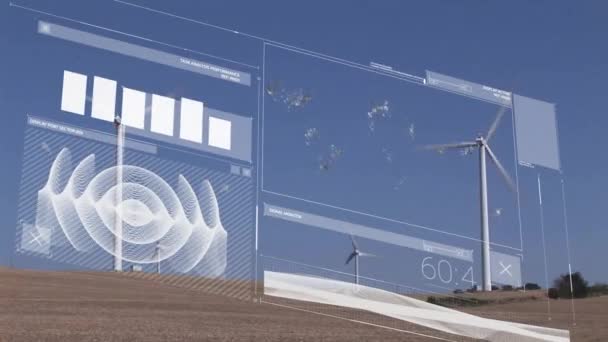 Анимация Сети Соединений Обработки Данных Над Ветряными Турбинами Глобальная Энергия — стоковое видео