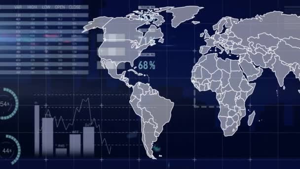 世界地図上の金融データ処理のアニメーション グローバルファイナンス ビジネス コネクション コンピューティング データ処理コンセプトデジタル生成ビデオ — ストック動画