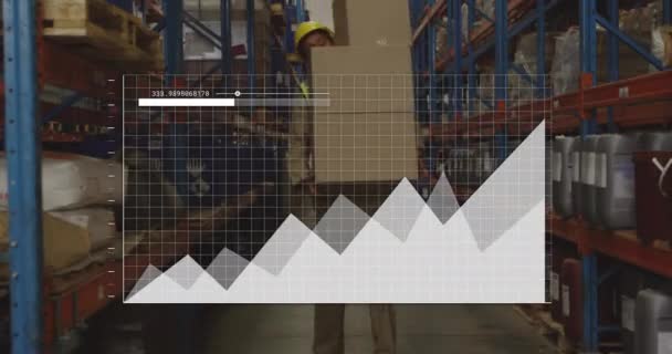 倉庫のアフリカ系アメリカ人女性労働者に対するデータ処理のアニメーション グローバルな配送 コンピューティング デジタルインターフェースのコンセプトがデジタル生成されたビデオ — ストック動画