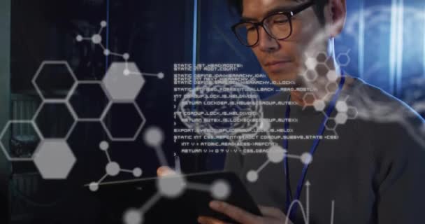 Animation Elements Brain Data Processing Asian Male Technician Working Server — стоковое видео