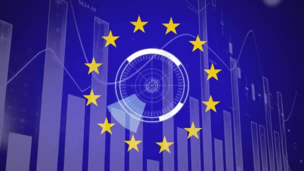 Animacja Przetwarzania Danych Finansowych Ponad Tekstu Flagi Unii Euopejskiej Globalne — Wideo stockowe