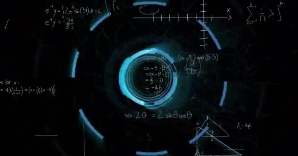 黒い背景の数学方程式をスキャンするスコープのアニメーション グローバルテクノロジー サイエンス コンピューティング デジタルインターフェースのコンセプトデジタル生成ビデオ — ストック動画