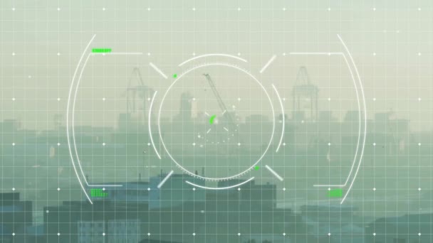 Animatie Van Scope Scanning Dataverwerking Stadsgezicht Wereldwijd Financieel Bedrijfs Verbindings — Stockvideo