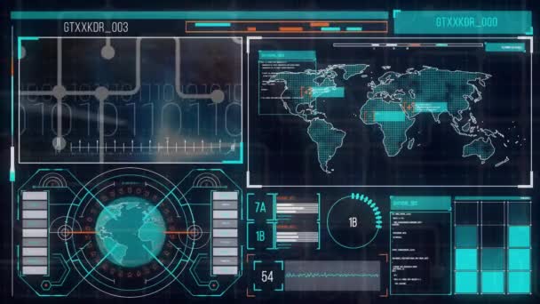 Animação Mapa Mundo Globo Gráficos Processamento Dados Tela Interface Conexão — Vídeo de Stock