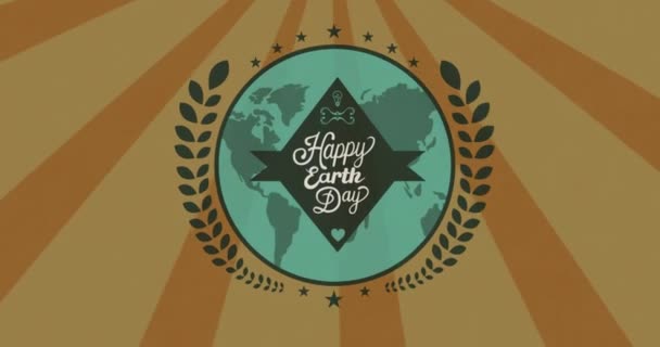 青い地球の幸せな地球の日テキストのアニメーション 放射状の茶色のストライプ上の葉 アースデイ グローバルエコロジー 環境意識 お祝い デジタル生成されたビデオ — ストック動画