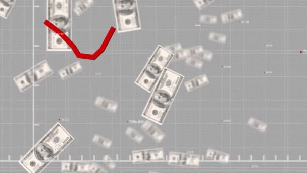 Анимация Обработки Финансовых Данных Красной Линией Над Банкнотами Долларах Сша — стоковое видео