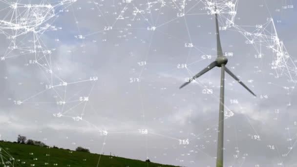风力涡轮机上连接网络的动画 全球环境 计算和数据处理概念 — 图库视频影像