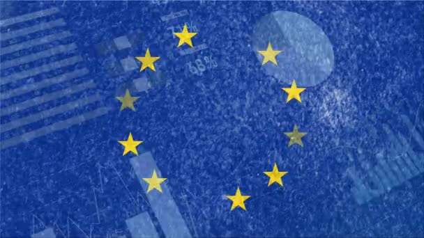 Animacja Przetwarzania Danych Finansowych Nad Banderą Unii Europejskiej Koncepcja Europejskich — Wideo stockowe