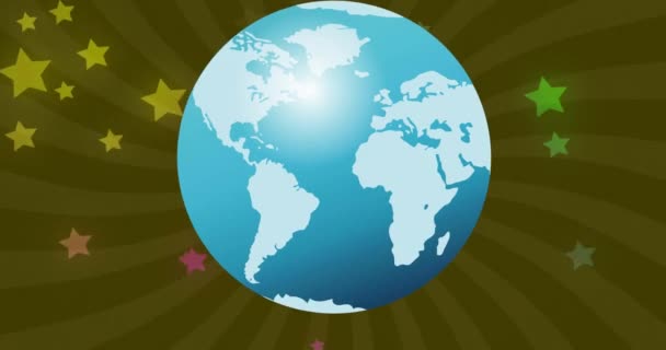 青と白の地球のアニメーションとラジアルダークグリーンストライプ上の色の星 アースデイ グローバルエコロジー 環境意識 お祝い デジタル生成されたビデオ — ストック動画