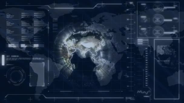Анімація Обробки Даних Глобусом Карті Світу Чорному Тлі Глобальна Технологія — стокове відео