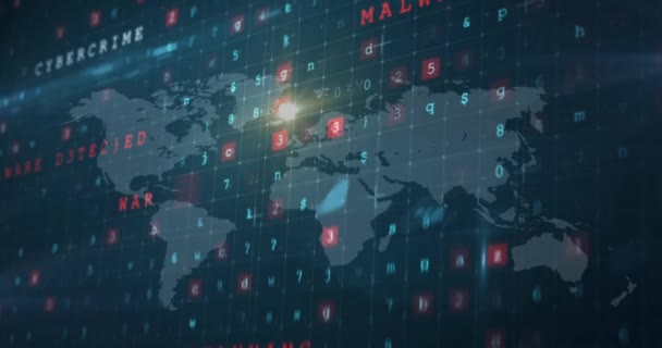 Animación Malware Advertencias Seguridad Cibernética Procesamiento Datos Través Del Mapa — Vídeos de Stock