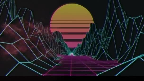 黒い背景にデジタル山と太陽に対する干渉のアニメーション グローバルテクノロジー メタバース デジタルインターフェースのコンセプトデジタル生成ビデオ — ストック動画