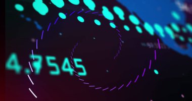 Dünya haritası üzerindeki grafikler ve siyah arkaplan üzerindeki spiral. Küresel finans, veri işleme ve teknoloji konsepti dijital olarak oluşturuldu.